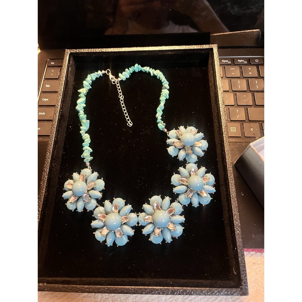 Statement Turquoise Blue Floral Bib Necklace Rhinestone Chunky Boho Glam [JB]